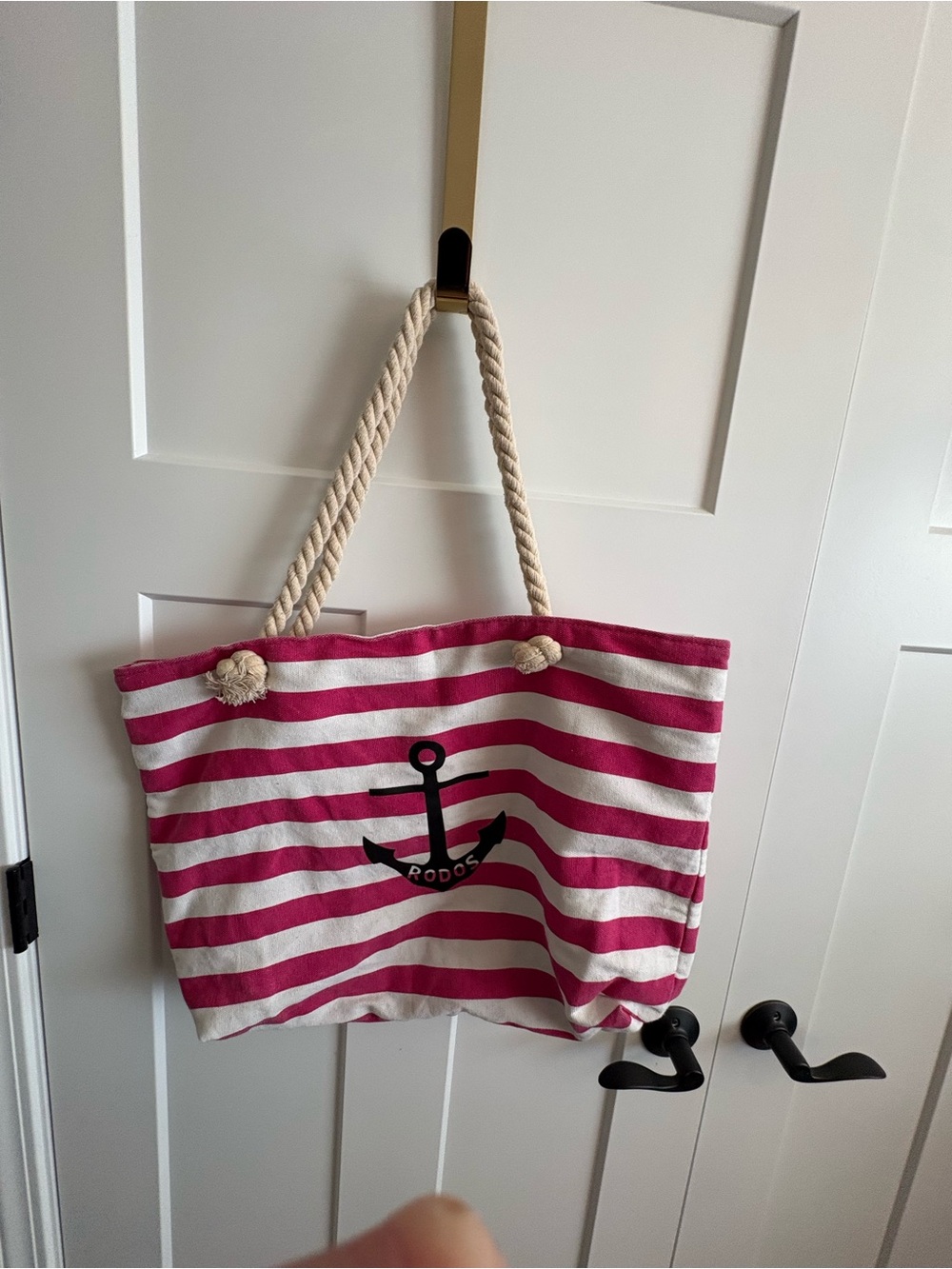Pink & White Striped Anchor Beach Tote Rope Handles Rhodes Greece Canvas Tote